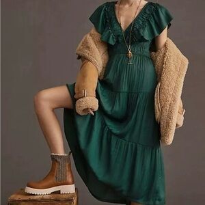 By Anthropologie Green Ruffled Tiered Midi Dress Christmas Holiday Party Small